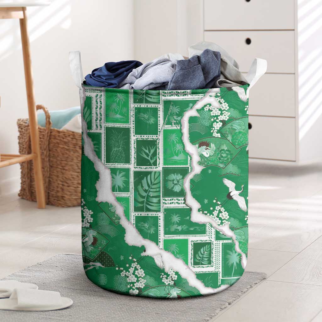 Hawaii Japanese Culture Green Laundry Basket Spring Cranes Aloha Pattern LT01 Green - Polynesian Pride