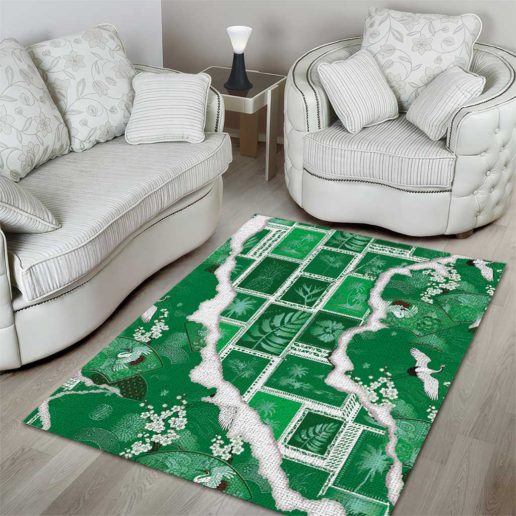 Hawaii Japanese Culture Green Area Rug Spring Cranes Aloha Pattern LT01 - Polynesian Pride