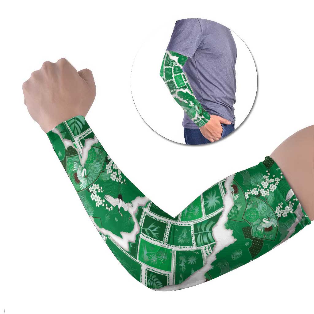 Hawaii Japanese Culture Green Arm Sleeves Spring Cranes Aloha Pattern LT01 Set of 2 Green - Polynesian Pride