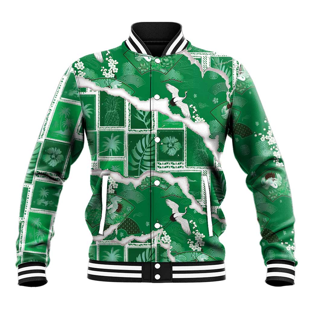 Hawaii Japanese Culture Green Baseball Jacket Spring Cranes Aloha Pattern LT01 Unisex Green - Polynesian Pride