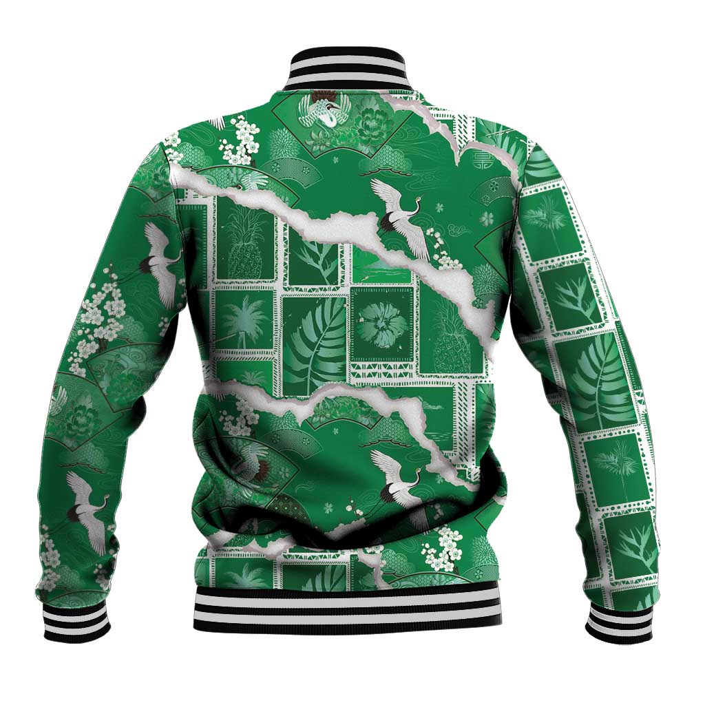 Hawaii Japanese Culture Green Baseball Jacket Spring Cranes Aloha Pattern LT01 - Polynesian Pride