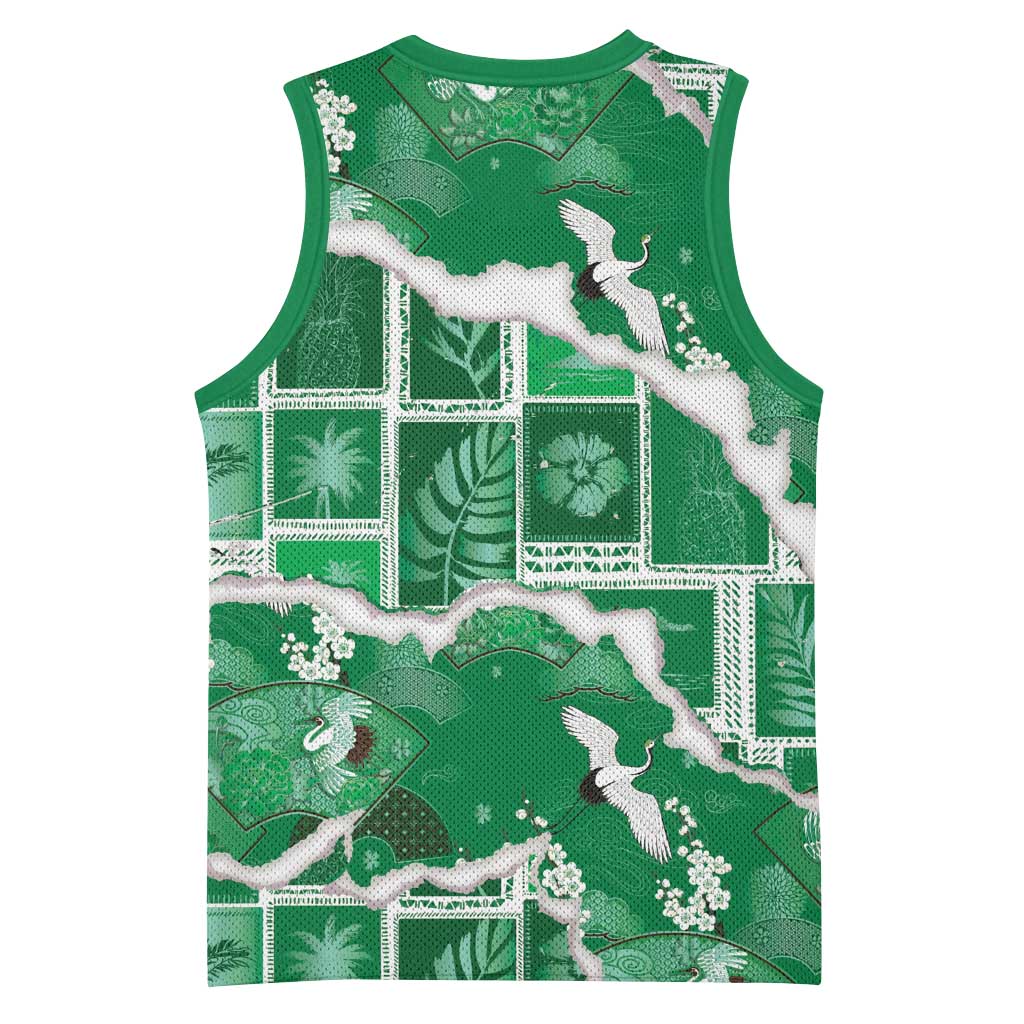 Hawaii Japanese Culture Green Basketball Jersey Spring Cranes Aloha Pattern LT01 - Polynesian Pride