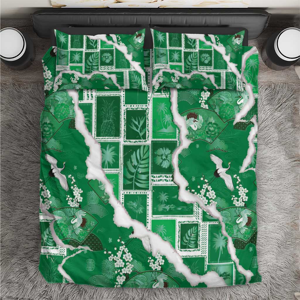 Hawaii Japanese Culture Green Bedding Set Spring Cranes Aloha Pattern LT01 Green - Polynesian Pride