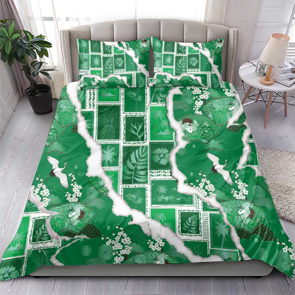 Hawaii Japanese Culture Green Bedding Set Spring Cranes Aloha Pattern LT01 - Polynesian Pride