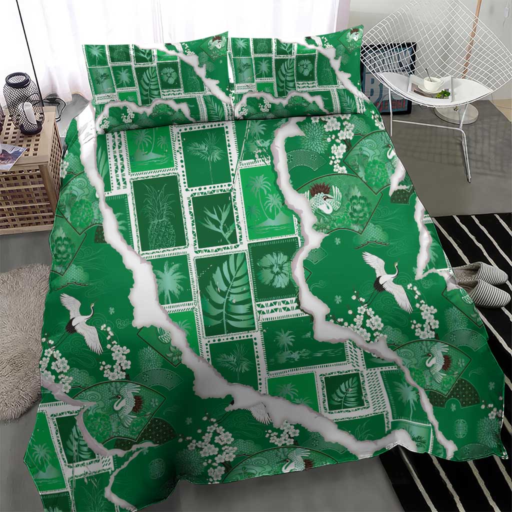 Hawaii Japanese Culture Green Bedding Set Spring Cranes Aloha Pattern LT01 - Polynesian Pride