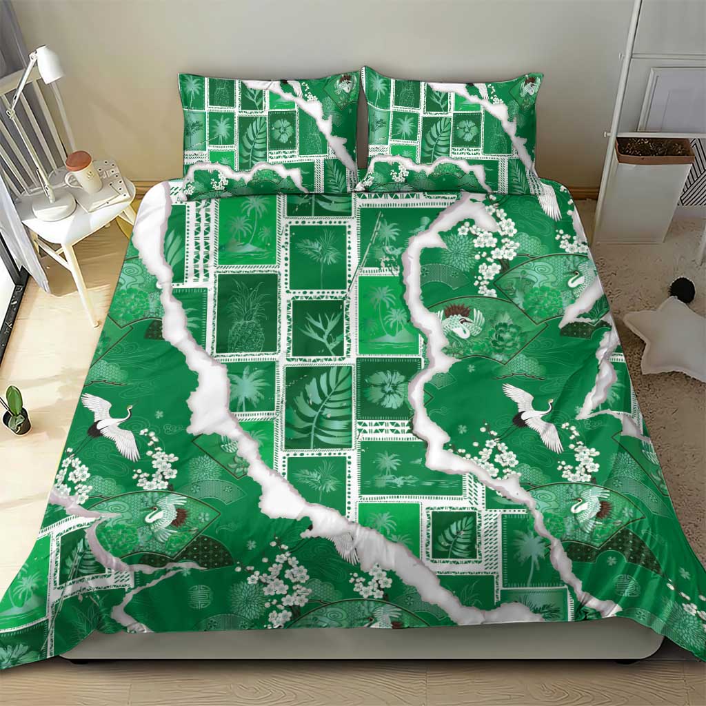 Hawaii Japanese Culture Green Bedding Set Spring Cranes Aloha Pattern LT01 - Polynesian Pride