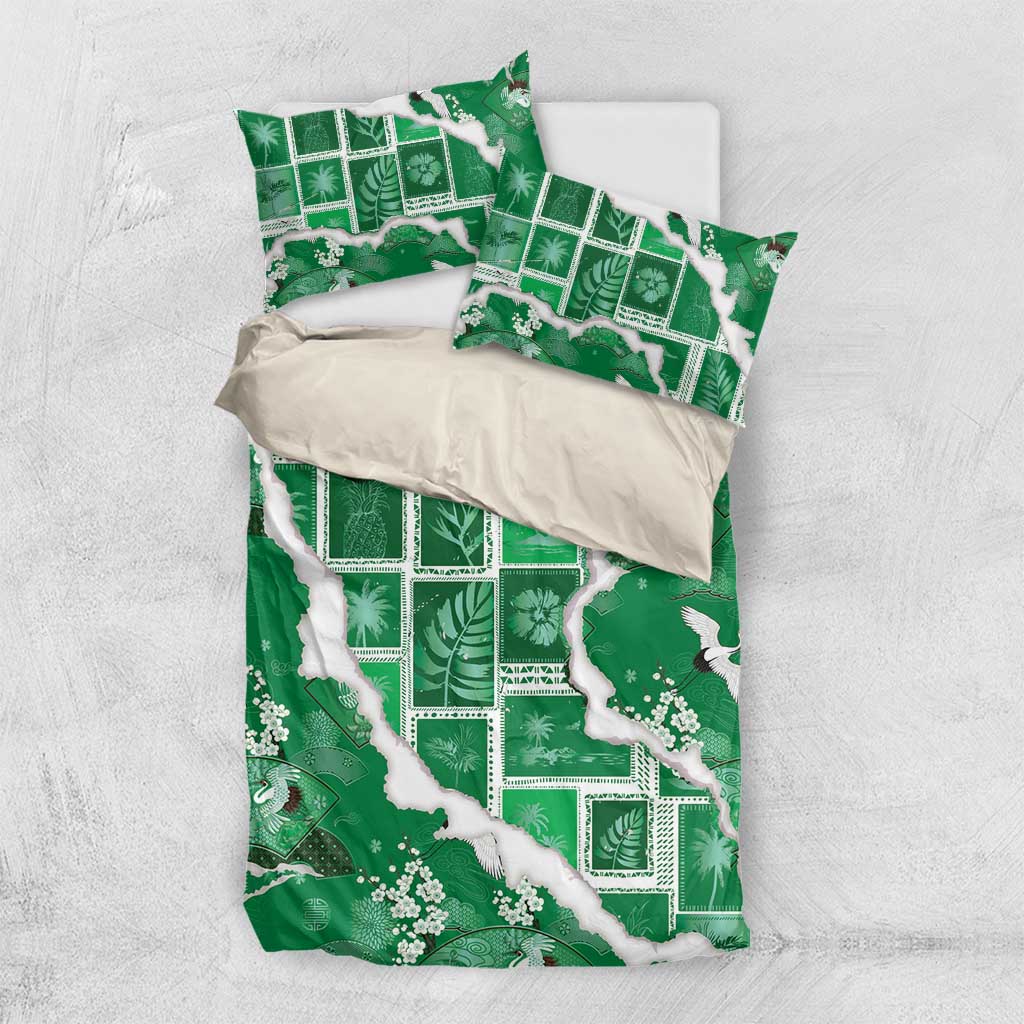 Hawaii Japanese Culture Green Bedding Set Spring Cranes Aloha Pattern LT01 US Twin 172cm x 218cm Green - Polynesian Pride