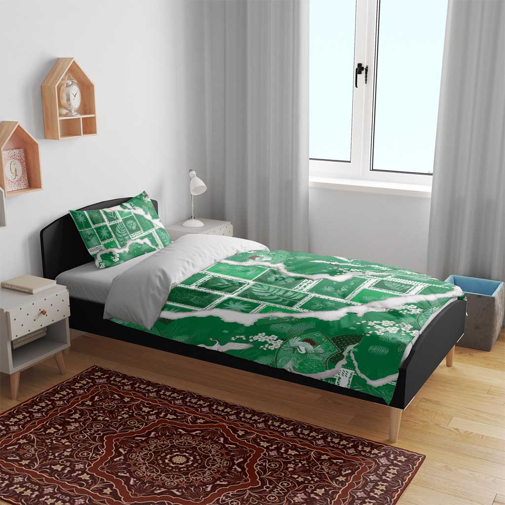 Hawaii Japanese Culture Green Bedding Set Spring Cranes Aloha Pattern LT01 - Polynesian Pride