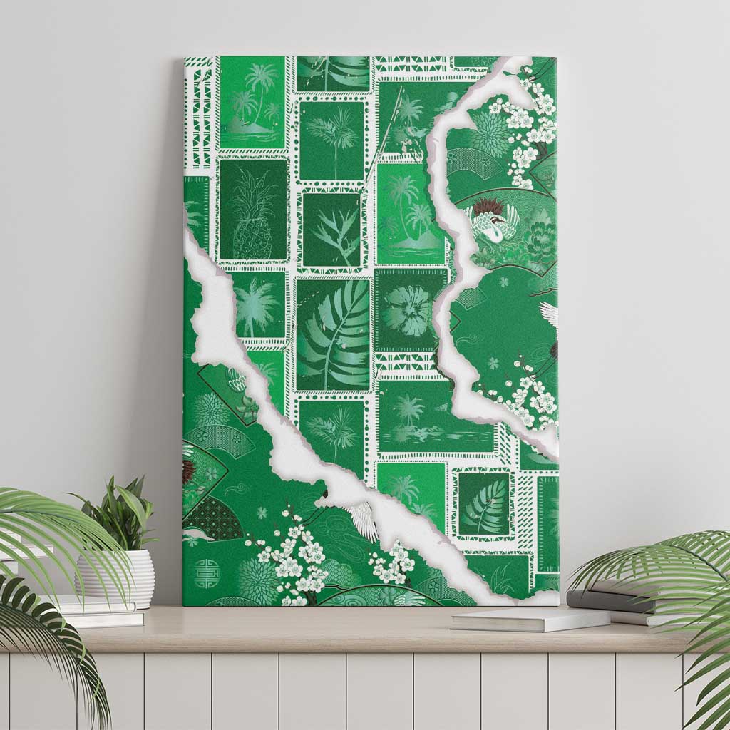 Hawaii Japanese Culture Green Canvas Wall Art Spring Cranes Aloha Pattern LT01 - Polynesian Pride