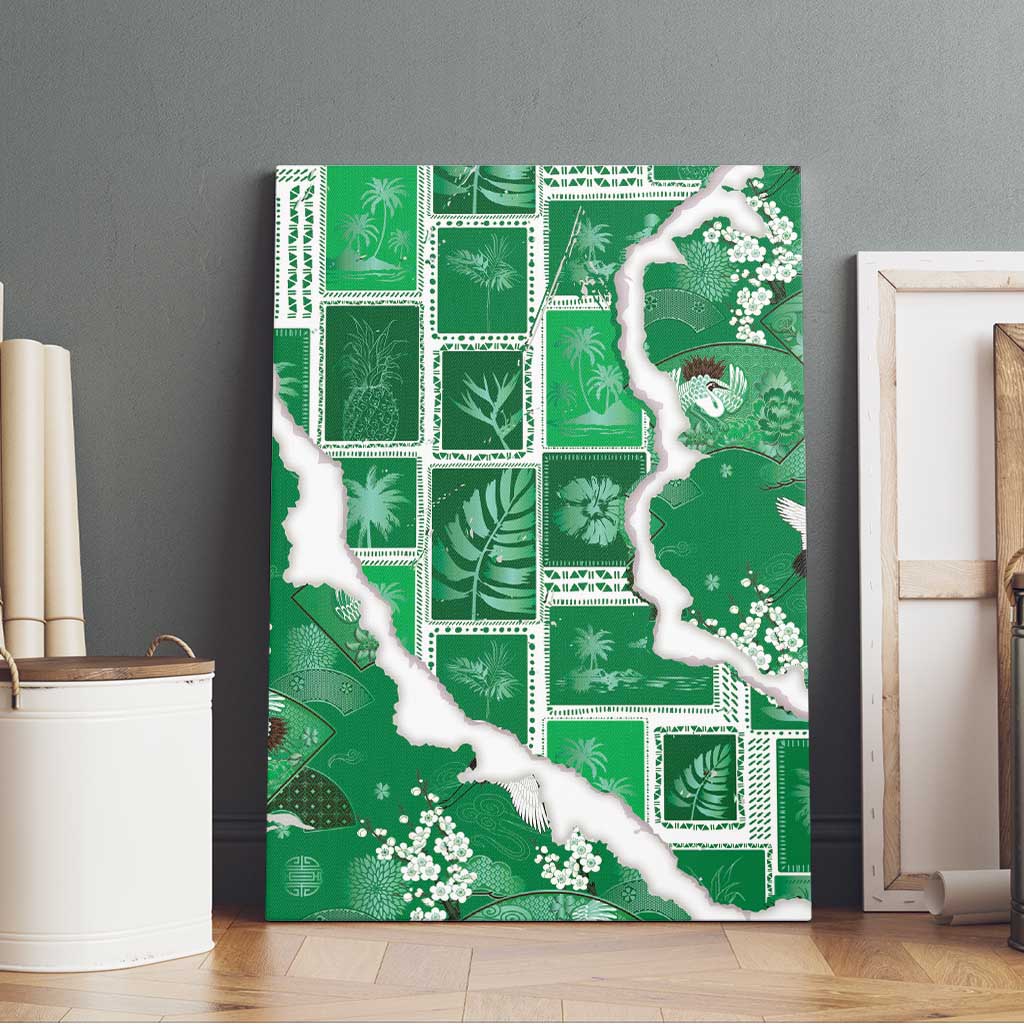 Hawaii Japanese Culture Green Canvas Wall Art Spring Cranes Aloha Pattern LT01 - Polynesian Pride