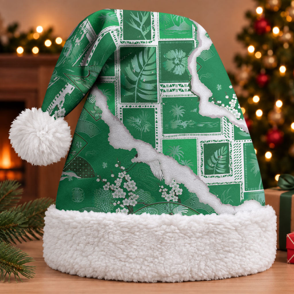Hawaii Japanese Culture Green Christmas Santa Hat Spring Cranes Aloha Pattern LT01 With Fur Green - Polynesian Pride