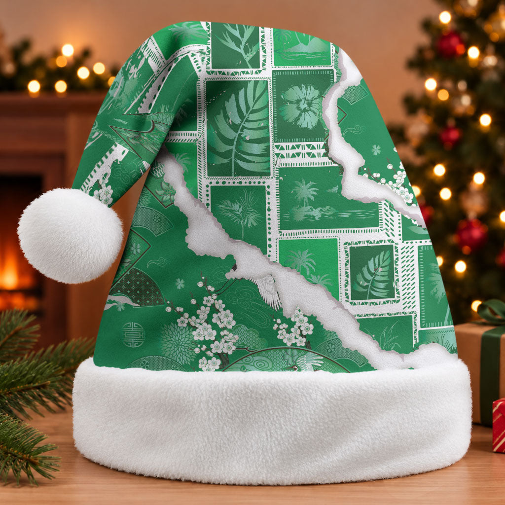 Hawaii Japanese Culture Green Christmas Santa Hat Spring Cranes Aloha Pattern LT01 Without Fur Green - Polynesian Pride