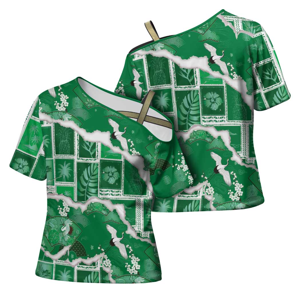 Hawaii Japanese Culture Green Cross Shoulder Shirt Spring Cranes Aloha Pattern LT01 - Polynesian Pride
