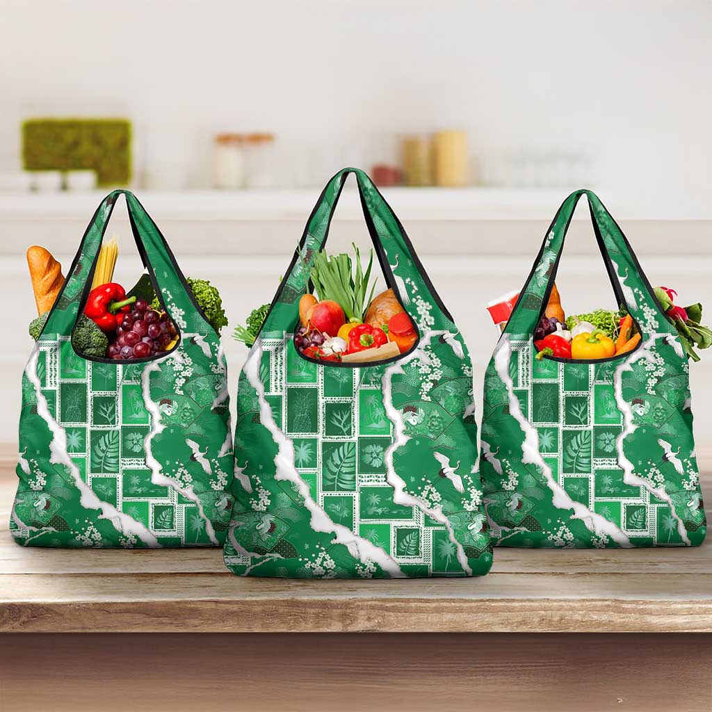 Hawaii Japanese Culture Green Grocery Bag Spring Cranes Aloha Pattern LT01 3-pack One Size Green - Polynesian Pride