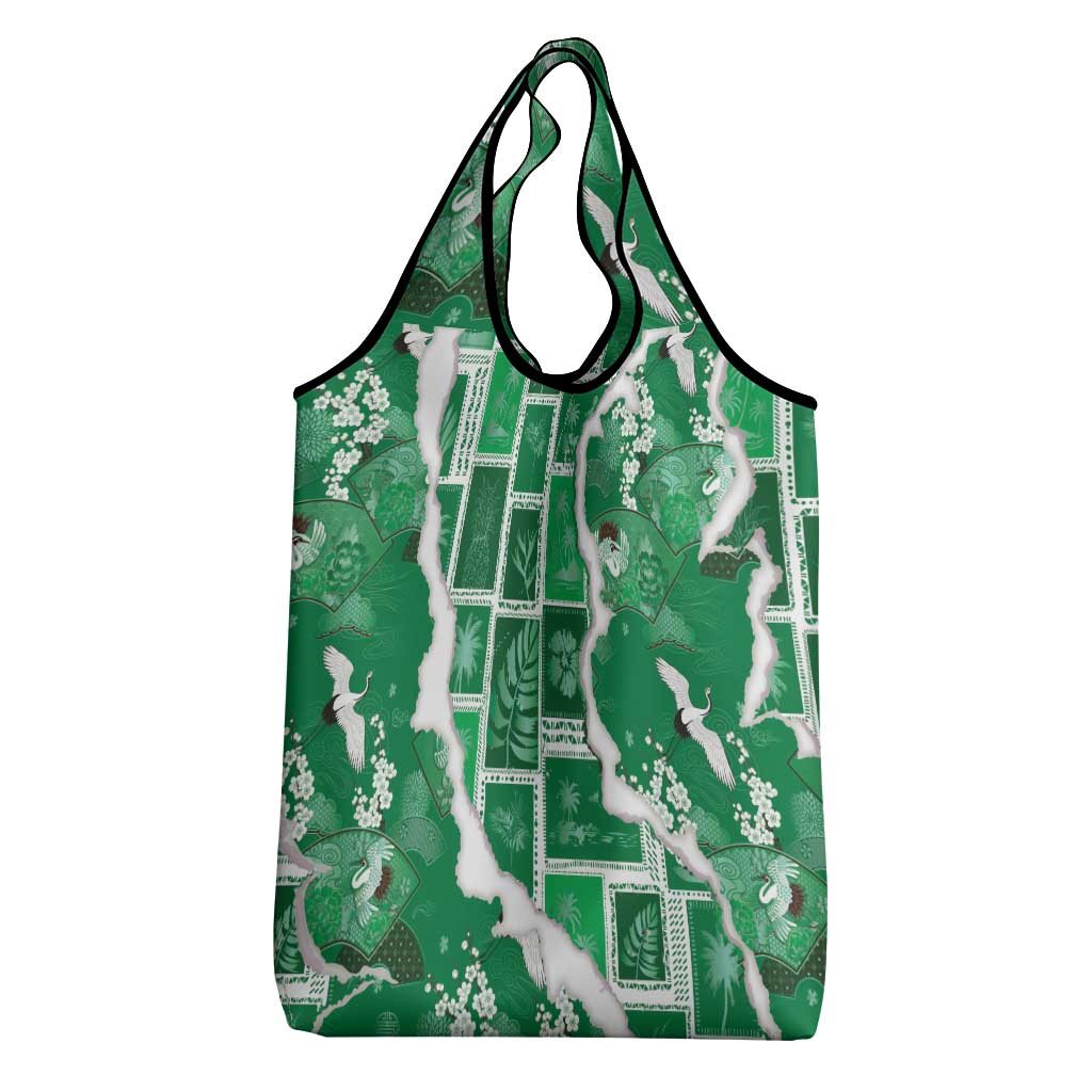 Hawaii Japanese Culture Green Grocery Bag Spring Cranes Aloha Pattern LT01 - Polynesian Pride