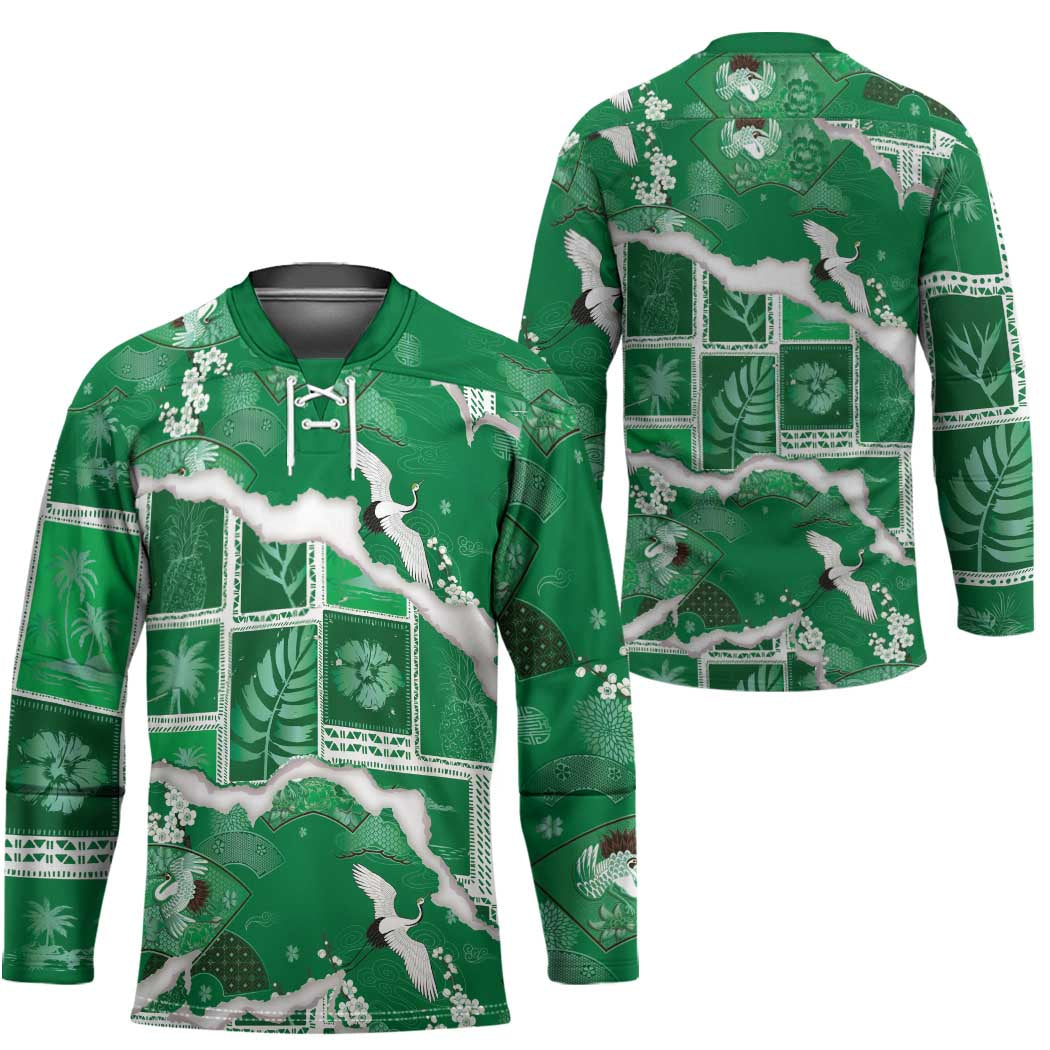 Hawaii Japanese Culture Green Hockey Jersey Spring Cranes Aloha Pattern LT01 - Polynesian Pride