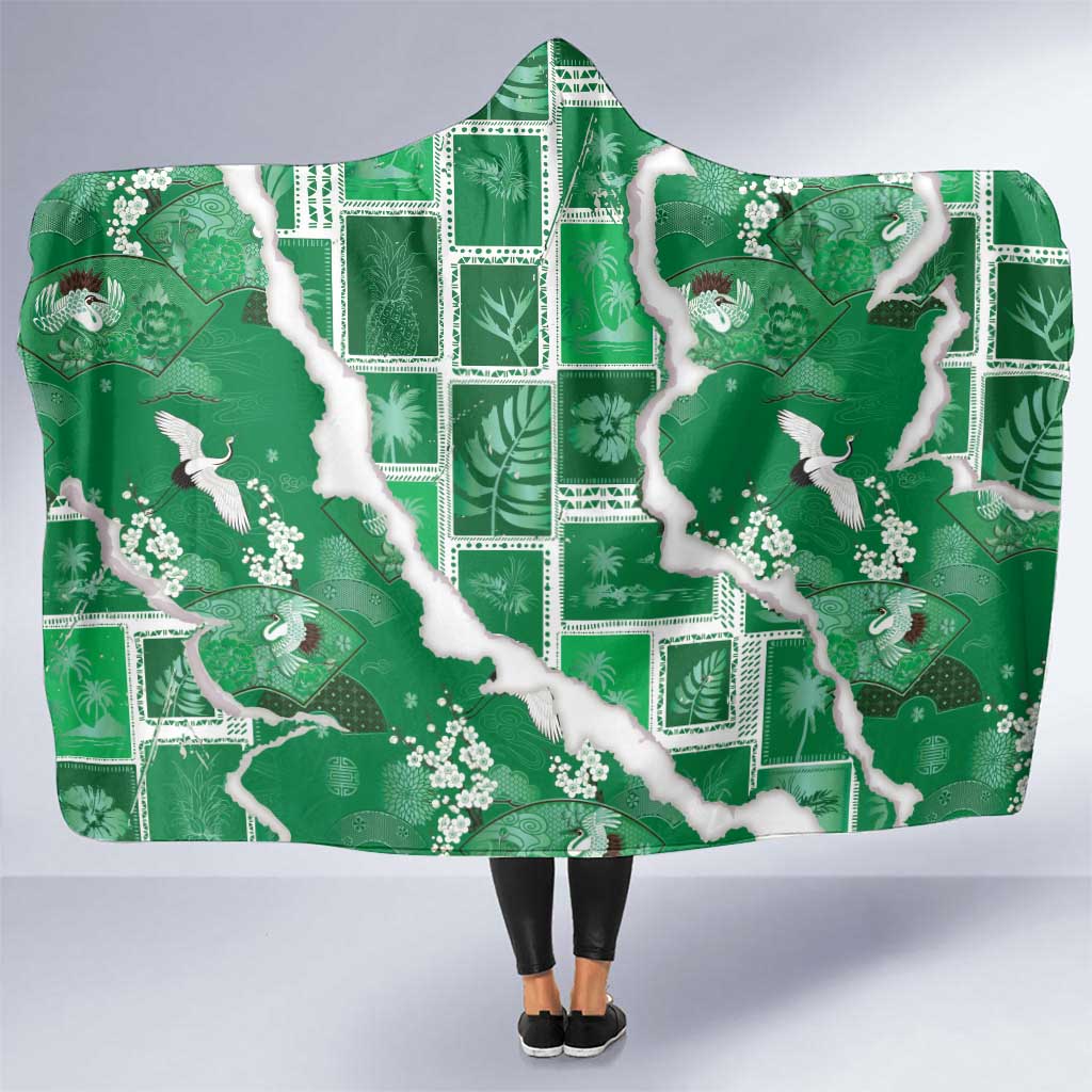 Hawaii Japanese Culture Green Hooded Blanket Spring Cranes Aloha Pattern LT01 One Size Green - Polynesian Pride