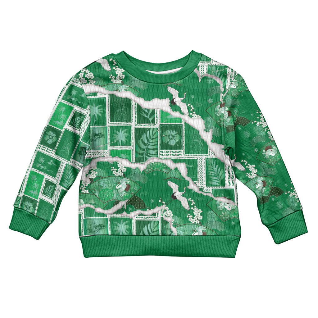 Hawaii Japanese Culture Green Kid Ugly Christmas Sweater Spring Cranes Aloha Pattern LT01 Kid Green - Polynesian Pride