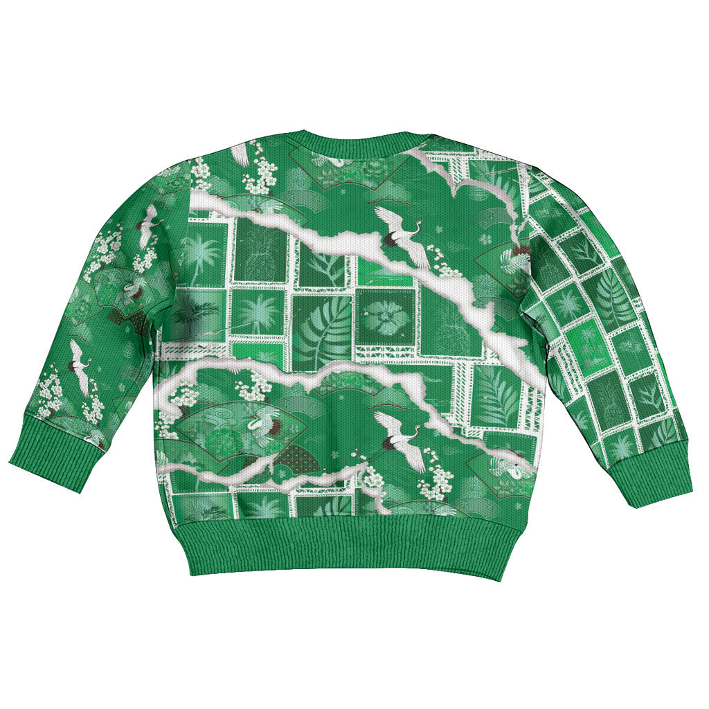 Hawaii Japanese Culture Green Kid Ugly Christmas Sweater Spring Cranes Aloha Pattern LT01 - Polynesian Pride