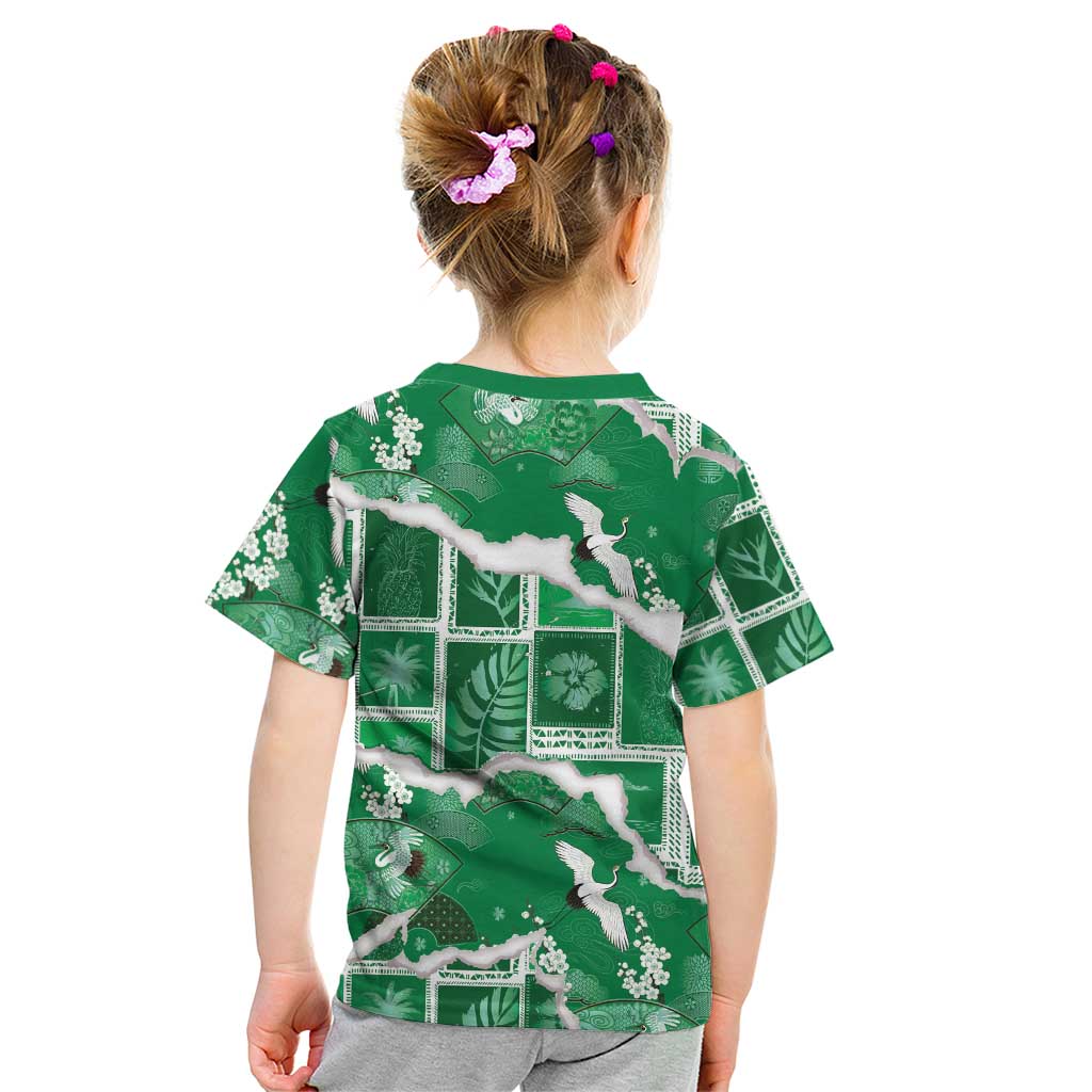 Hawaii Japanese Culture Green Kid T Shirt Spring Cranes Aloha Pattern LT01 - Polynesian Pride