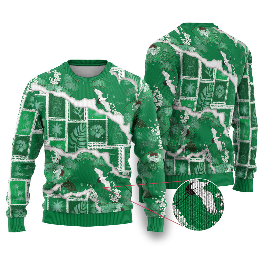 Hawaii Japanese Culture Green Ugly Christmas Sweater Spring Cranes Aloha Pattern LT01 Green - Polynesian Pride