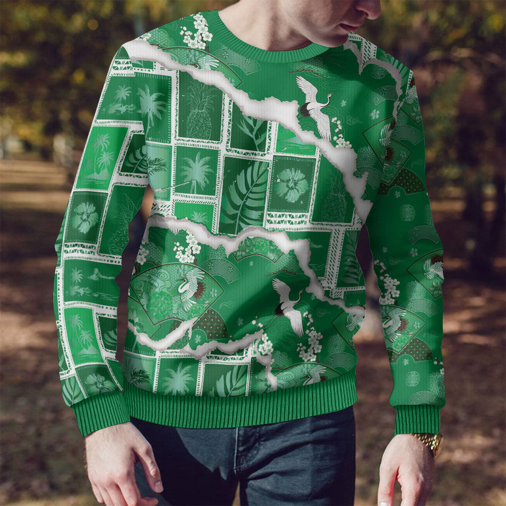 Hawaii Japanese Culture Green Ugly Christmas Sweater Spring Cranes Aloha Pattern LT01 - Polynesian Pride