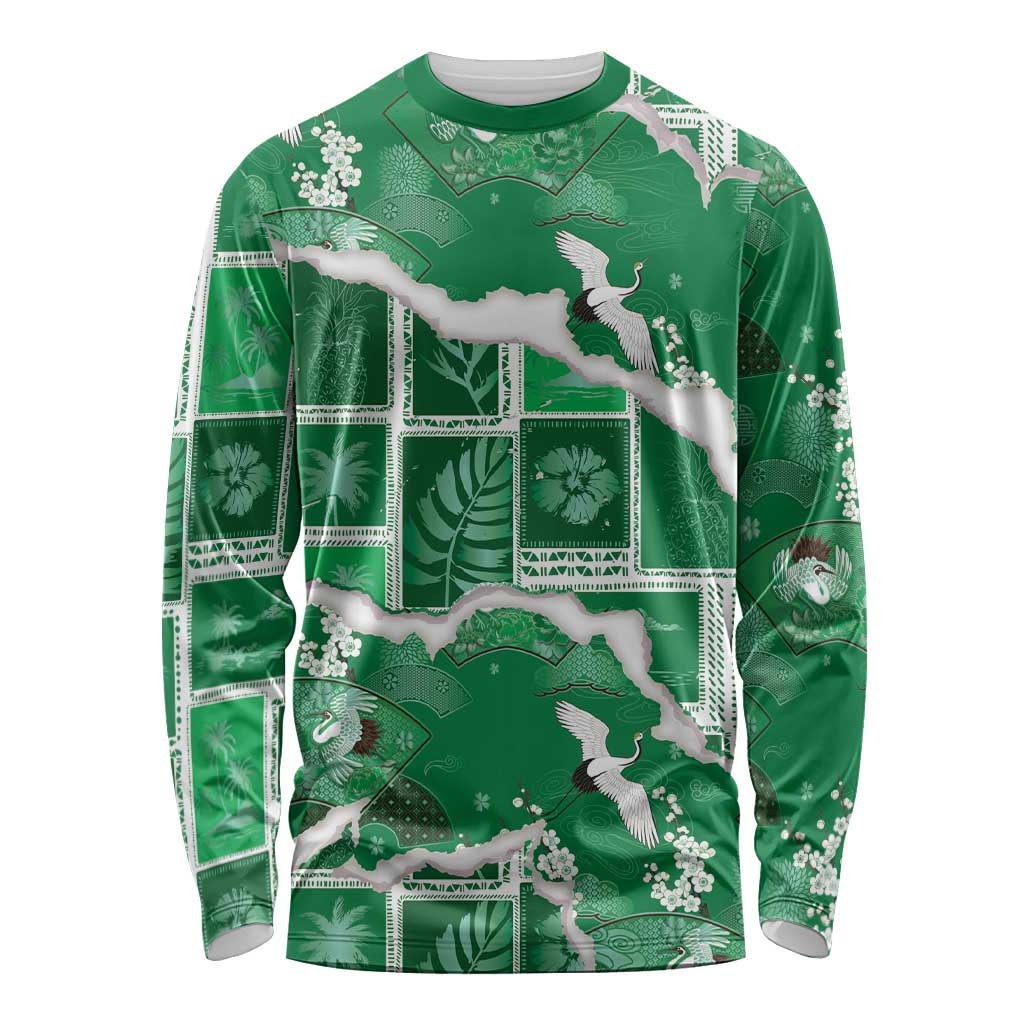 Hawaii Japanese Culture Green Long Sleeve Shirt Spring Cranes Aloha Pattern LT01 Unisex Green - Polynesian Pride