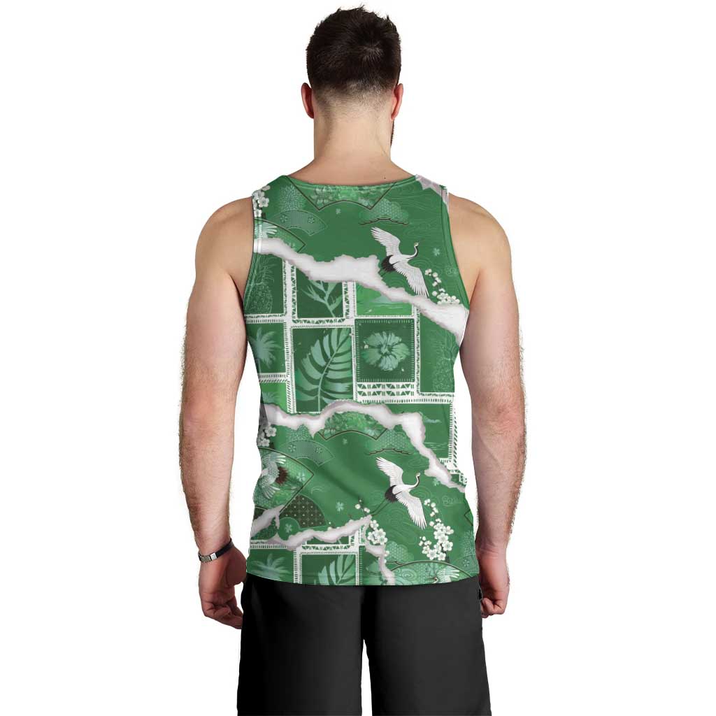 Hawaii Japanese Culture Green Men Tank Top Spring Cranes Aloha Pattern LT01 - Polynesian Pride