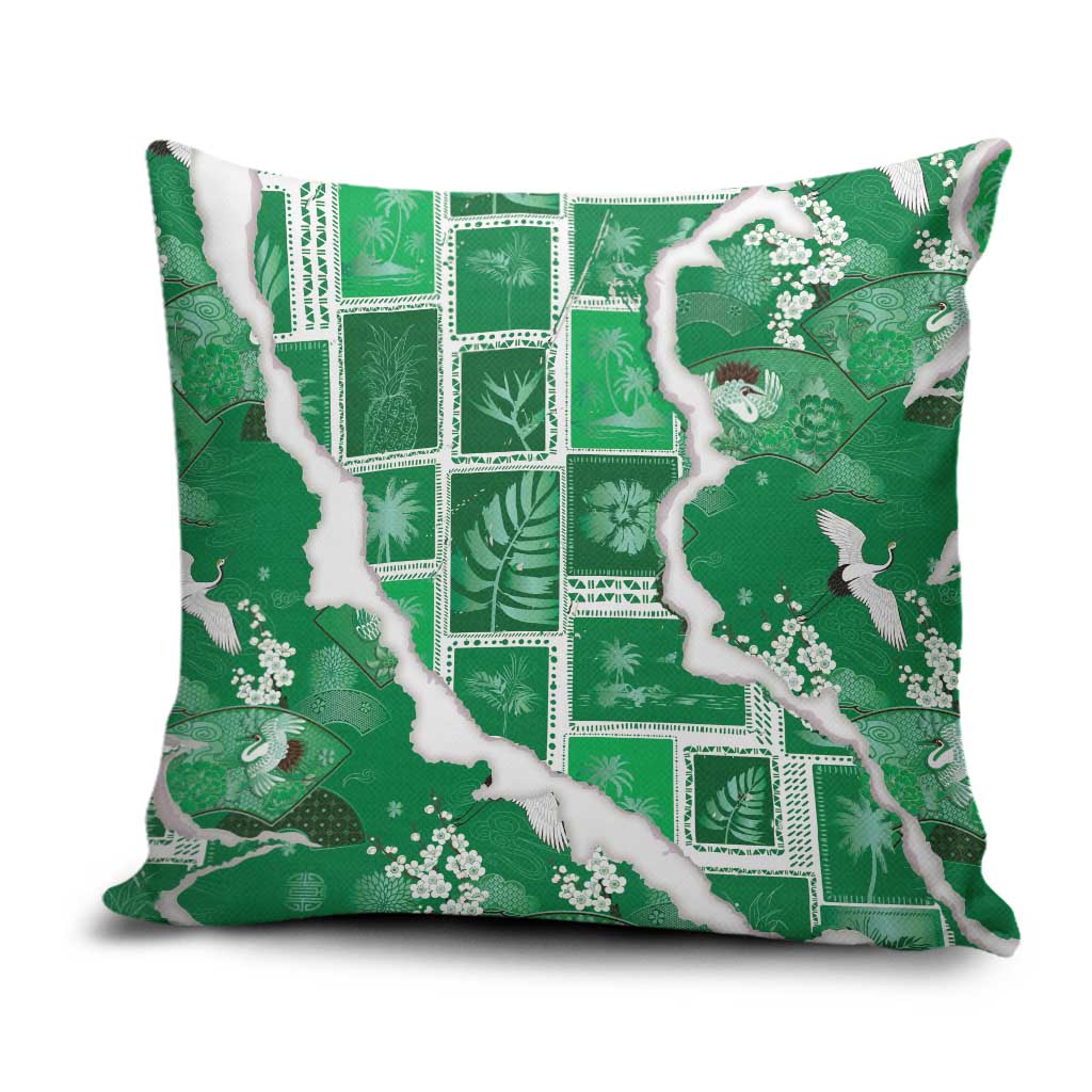 Hawaii Japanese Culture Green Pillow Cover Spring Cranes Aloha Pattern LT01 Green - Polynesian Pride