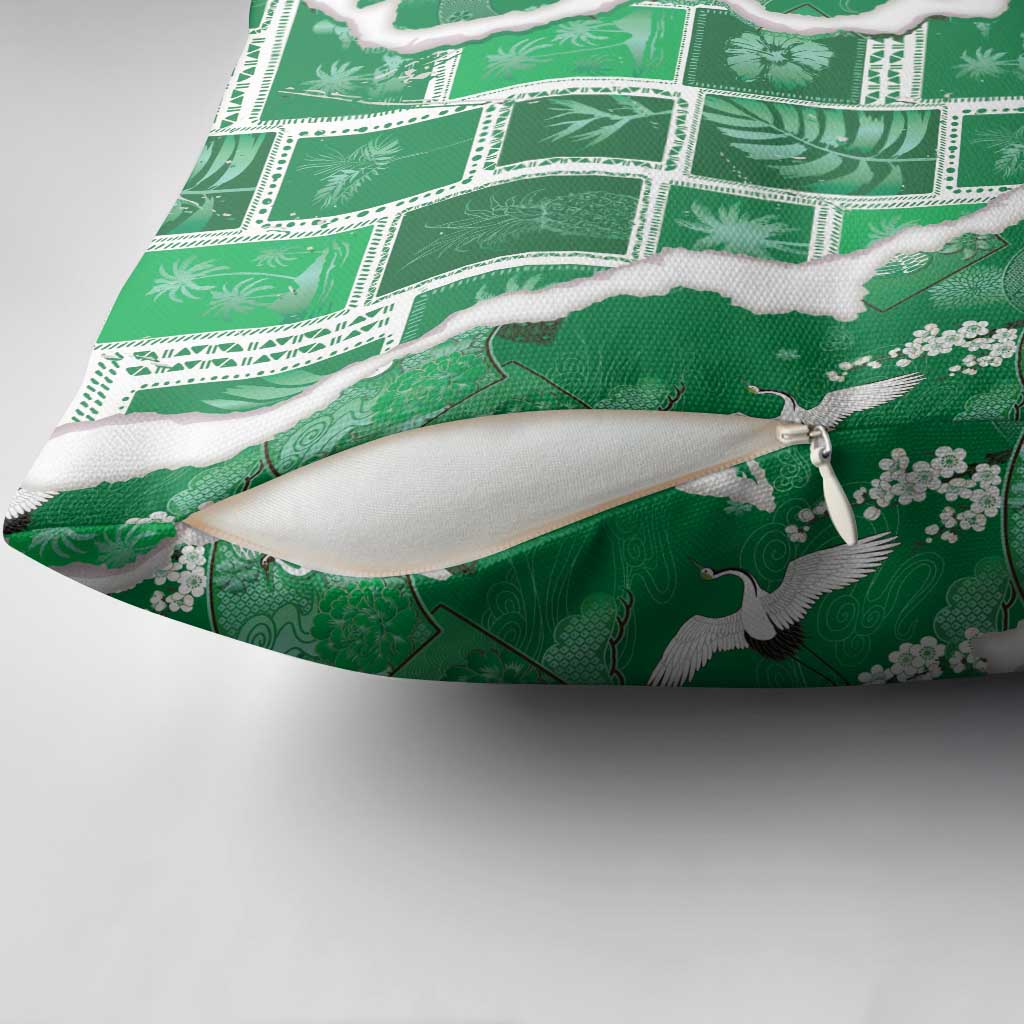 Hawaii Japanese Culture Green Pillow Cover Spring Cranes Aloha Pattern LT01 - Polynesian Pride