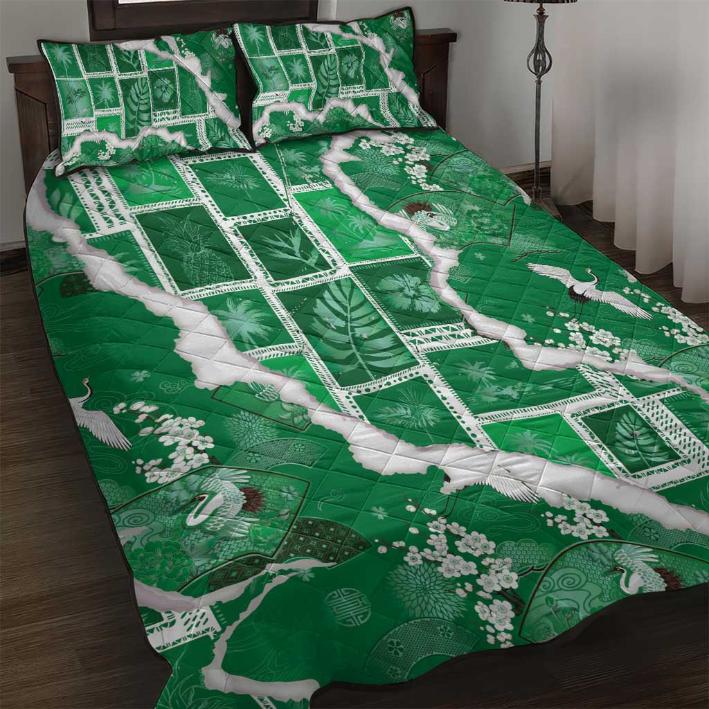 Hawaii Japanese Culture Green Quilt Bed Set Spring Cranes Aloha Pattern LT01 Green - Polynesian Pride