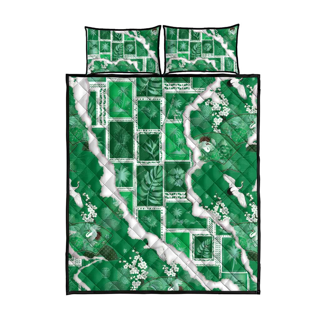 Hawaii Japanese Culture Green Quilt Bed Set Spring Cranes Aloha Pattern LT01 - Polynesian Pride