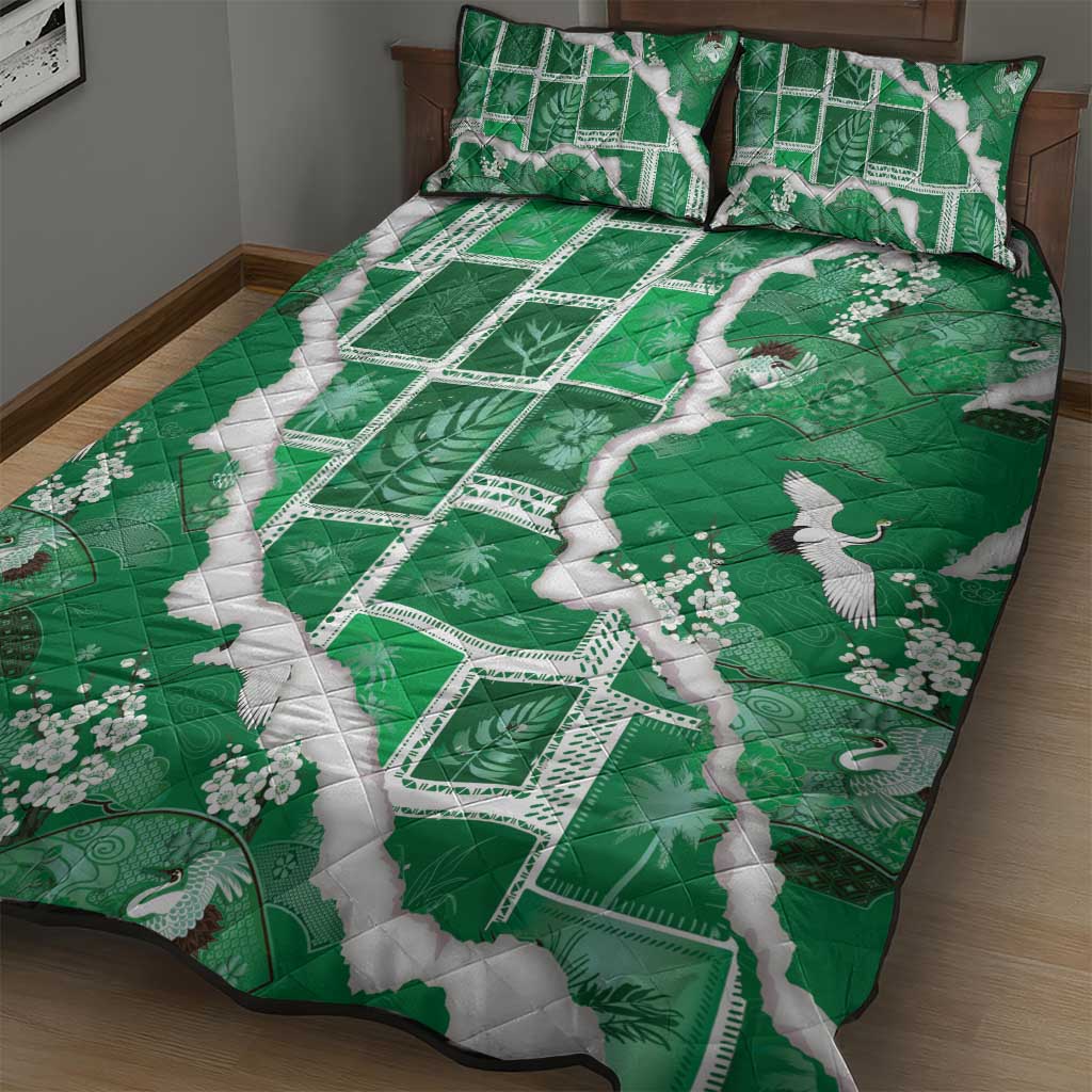 Hawaii Japanese Culture Green Quilt Bed Set Spring Cranes Aloha Pattern LT01 - Polynesian Pride