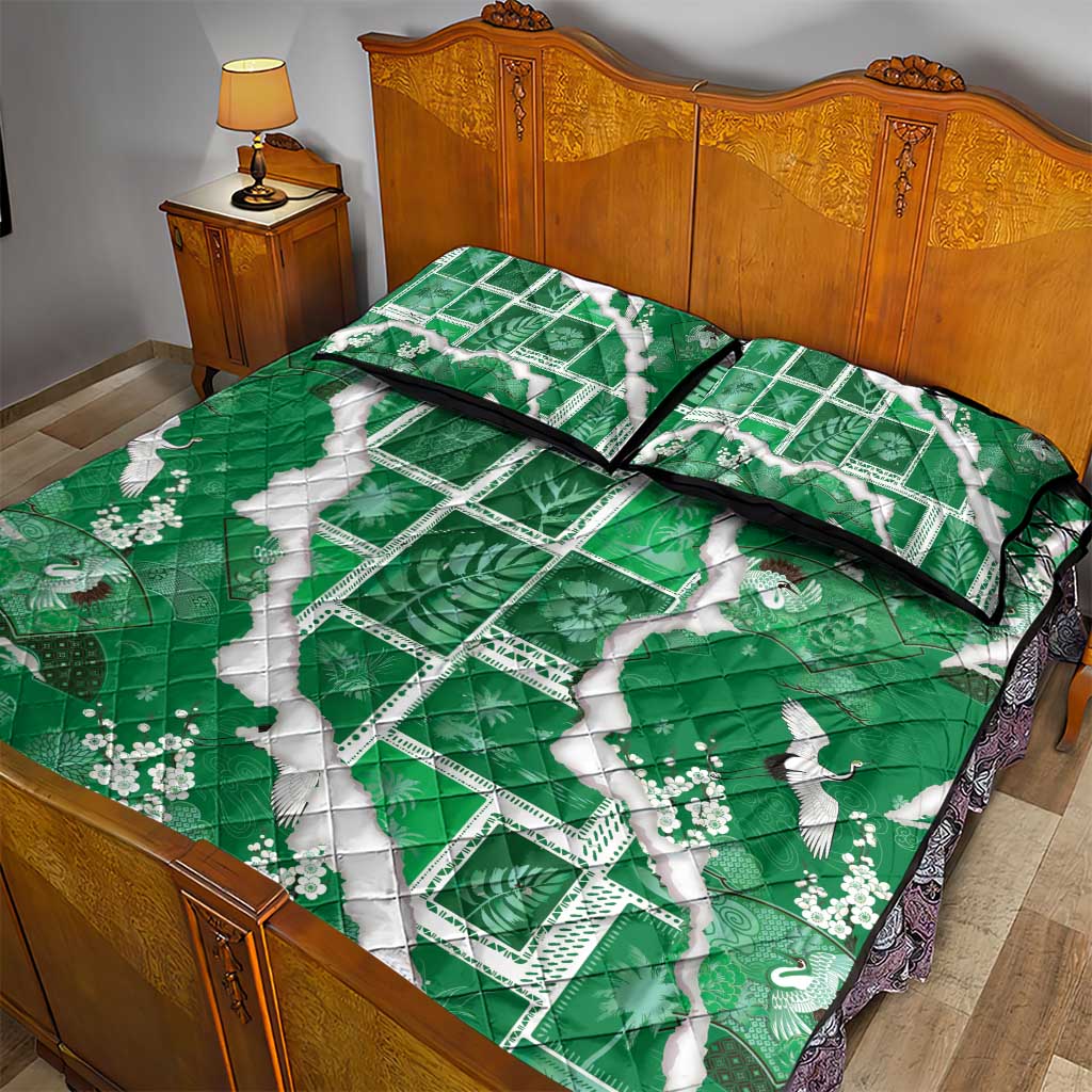 Hawaii Japanese Culture Green Quilt Bed Set Spring Cranes Aloha Pattern LT01 - Polynesian Pride
