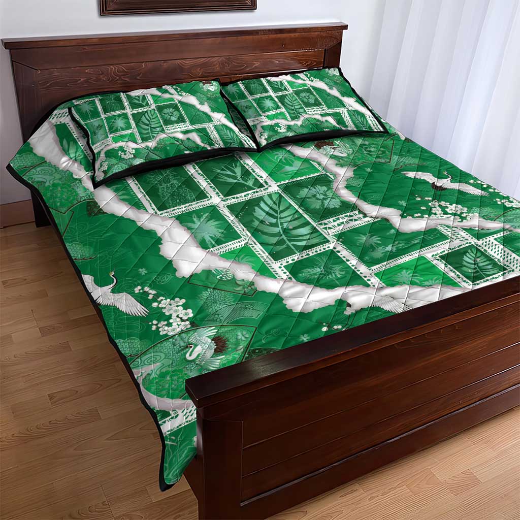 Hawaii Japanese Culture Green Quilt Bed Set Spring Cranes Aloha Pattern LT01 - Polynesian Pride