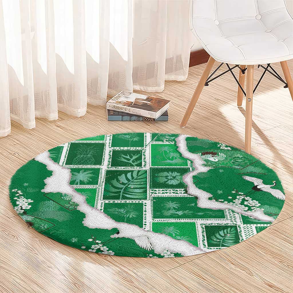 Hawaii Japanese Culture Green Round Carpet Spring Cranes Aloha Pattern LT01 - Polynesian Pride