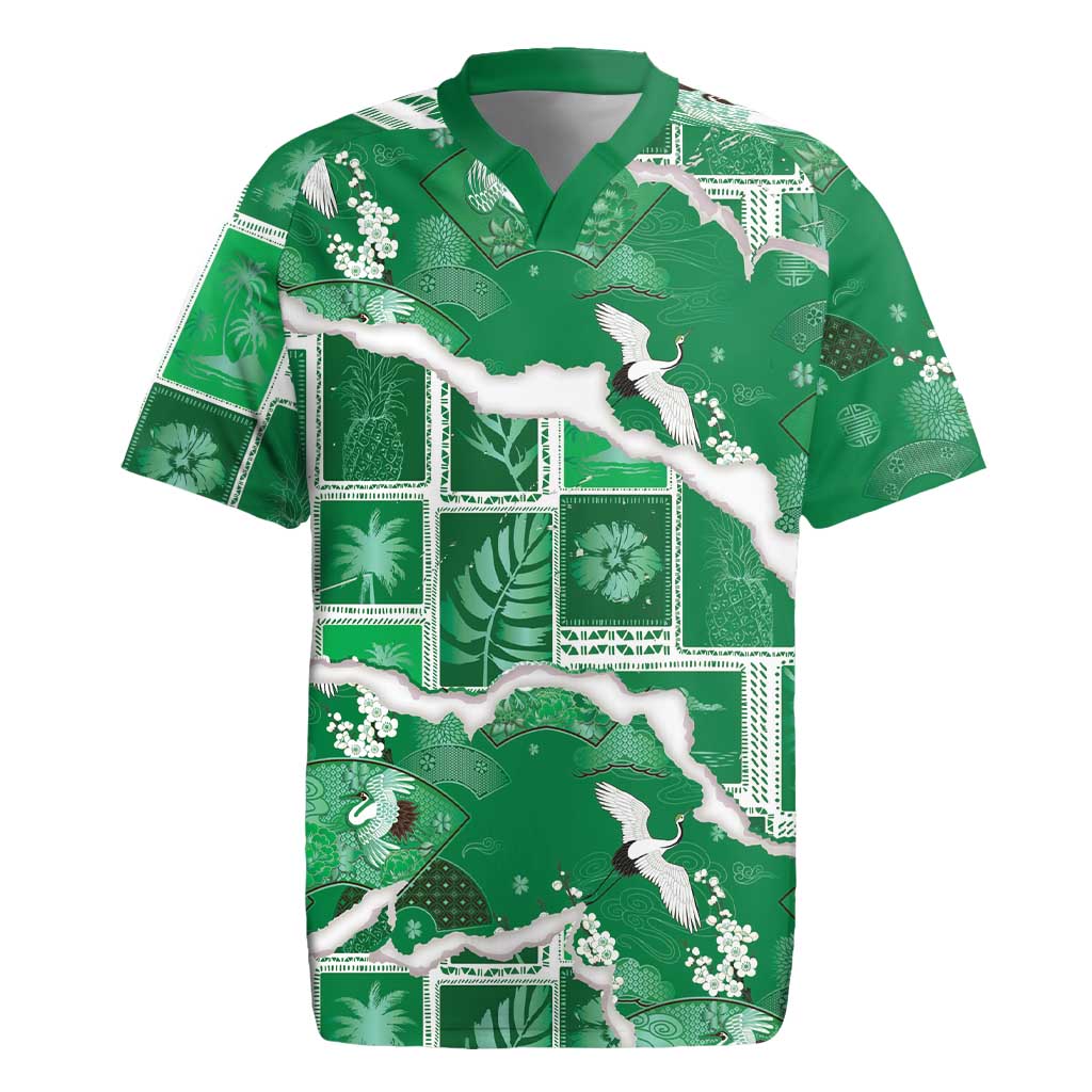 Hawaii Japanese Culture Green Rugby Jersey Spring Cranes Aloha Pattern LT01 Green - Polynesian Pride