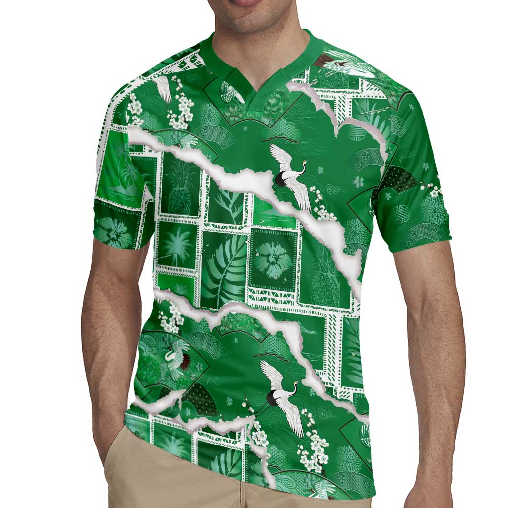 Hawaii Japanese Culture Green Rugby Jersey Spring Cranes Aloha Pattern LT01 - Polynesian Pride