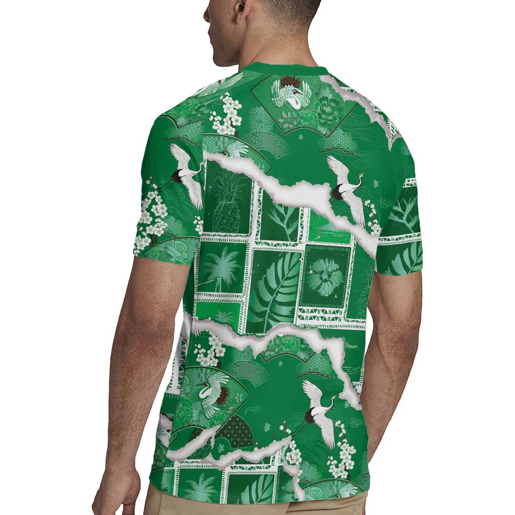 Hawaii Japanese Culture Green Rugby Jersey Spring Cranes Aloha Pattern LT01 - Polynesian Pride