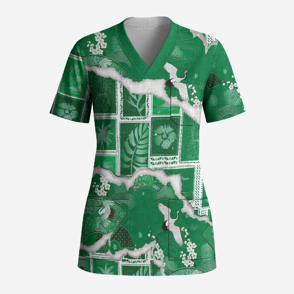 Hawaii Japanese Culture Green Scrub Top Spring Cranes Aloha Pattern LT01 Adult Green - Polynesian Pride