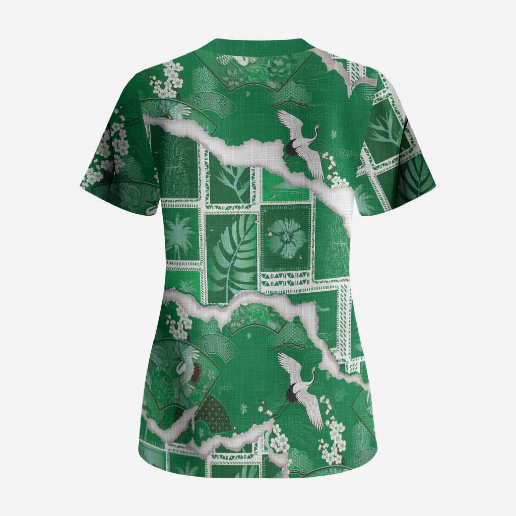Hawaii Japanese Culture Green Scrub Top Spring Cranes Aloha Pattern LT01 - Polynesian Pride