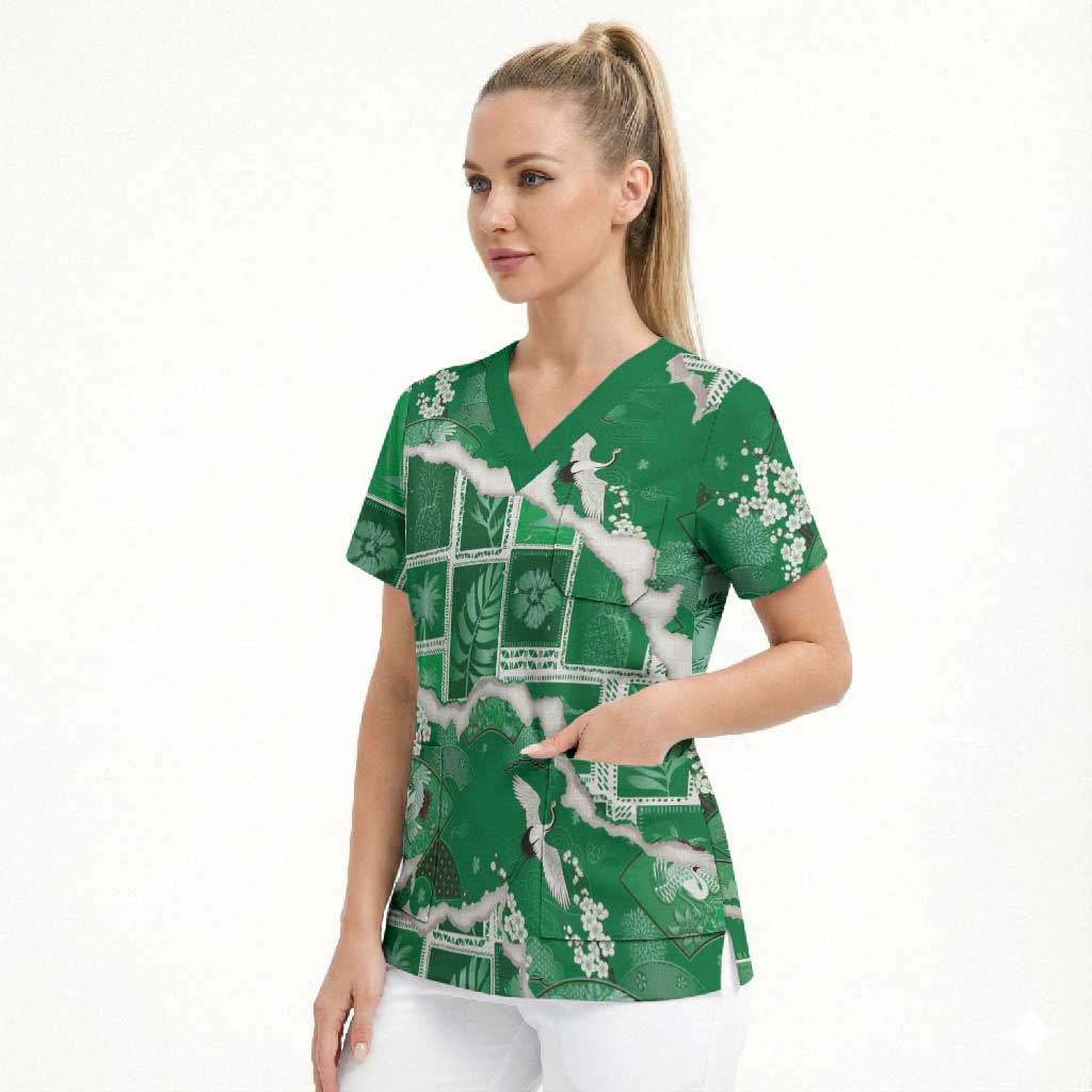 Hawaii Japanese Culture Green Scrub Top Spring Cranes Aloha Pattern LT01 - Polynesian Pride