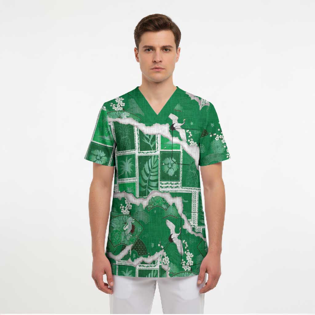 Hawaii Japanese Culture Green Scrub Top Spring Cranes Aloha Pattern LT01 - Polynesian Pride