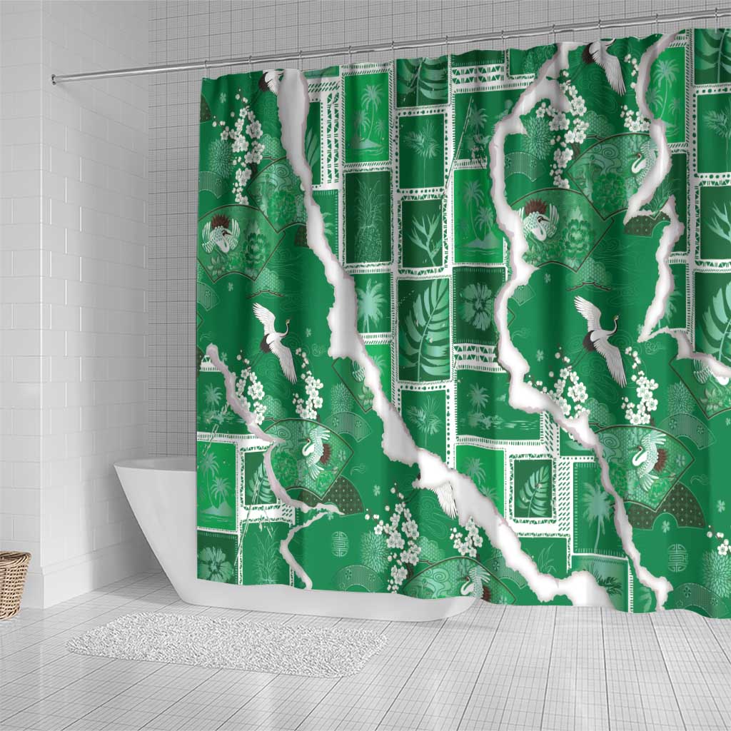 Hawaii Japanese Culture Green Shower Curtain Spring Cranes Aloha Pattern LT01 - Polynesian Pride