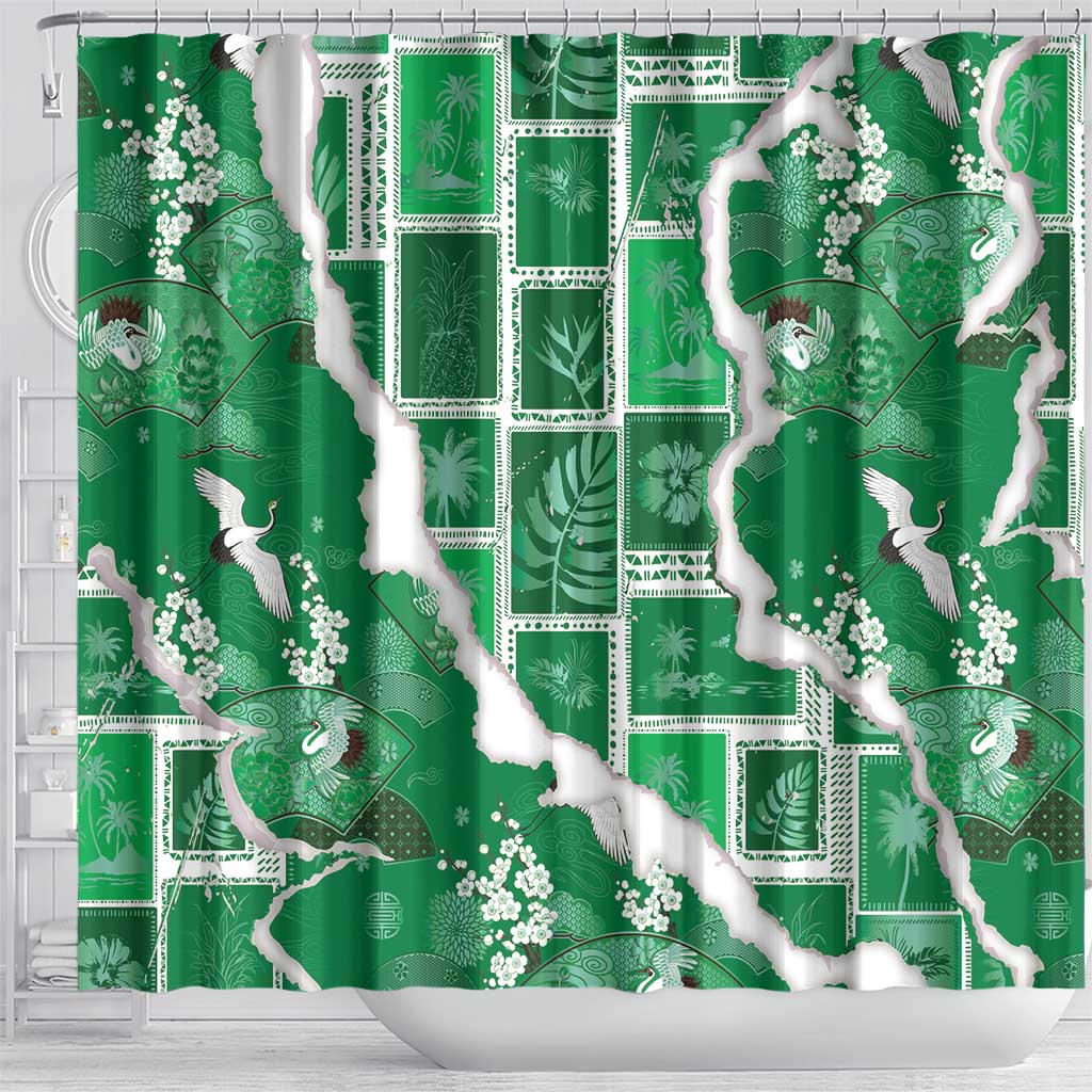 Hawaii Japanese Culture Green Shower Curtain Spring Cranes Aloha Pattern LT01 - Polynesian Pride