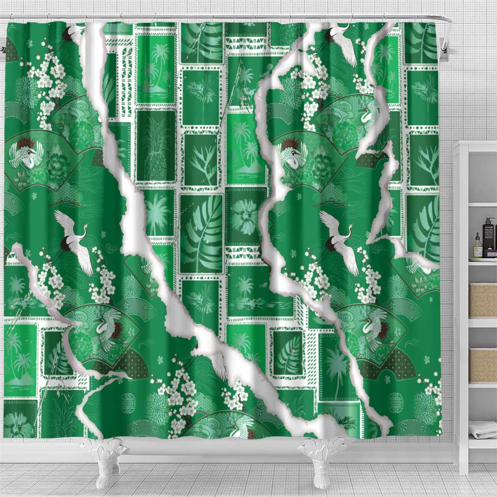 Hawaii Japanese Culture Green Shower Curtain Spring Cranes Aloha Pattern LT01 - Polynesian Pride