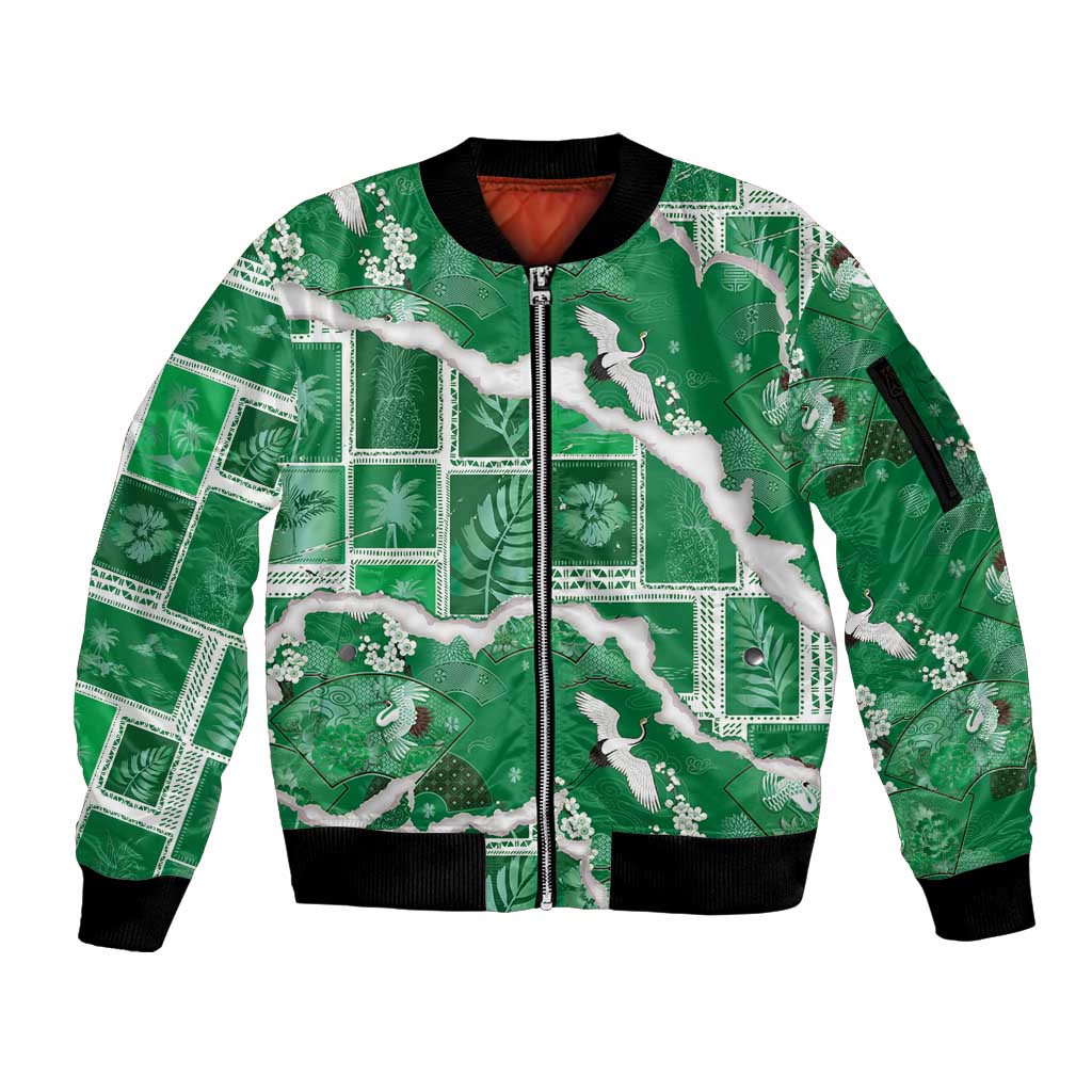 Hawaii Japanese Culture Green Sleeve Zip Bomber Jacket Spring Cranes Aloha Pattern LT01 Unisex Green - Polynesian Pride