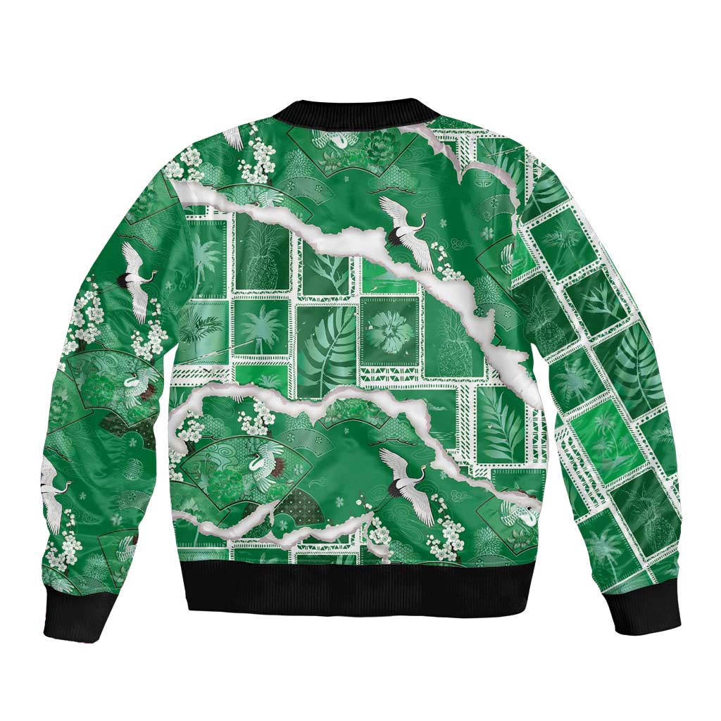 Hawaii Japanese Culture Green Sleeve Zip Bomber Jacket Spring Cranes Aloha Pattern LT01 - Polynesian Pride