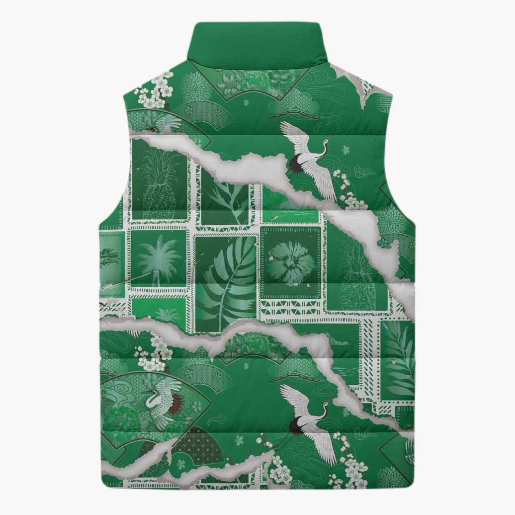 Hawaii Japanese Culture Green Sleeveless Puffer Jacket Spring Cranes Aloha Pattern LT01 - Polynesian Pride