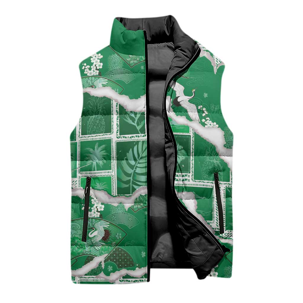 Hawaii Japanese Culture Green Sleeveless Puffer Jacket Spring Cranes Aloha Pattern LT01 - Polynesian Pride